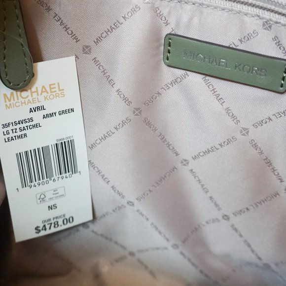 Michael Kors Avril Large Top Zip Satchel Shoulder Leather Bag Army Green - Picture 11 of 13